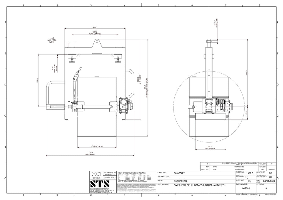 Plano con especificaciones técincas del volteador de tambores para diferencial