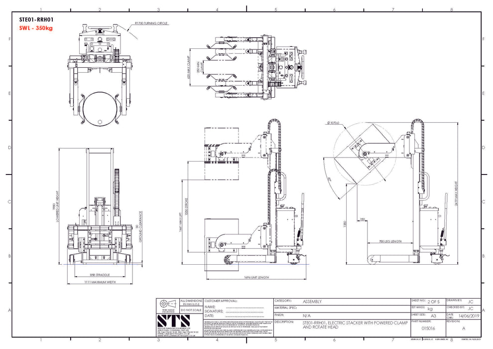 Dibujo con especificaciones técnicas del volteador electrohidráulico de tambores de STS