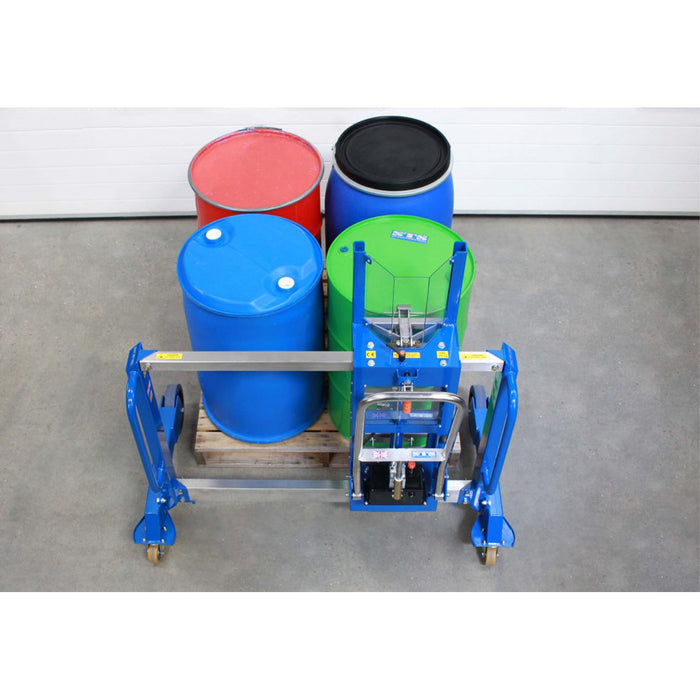 Vista superior del estibador de tambores con desplazamiento lateral