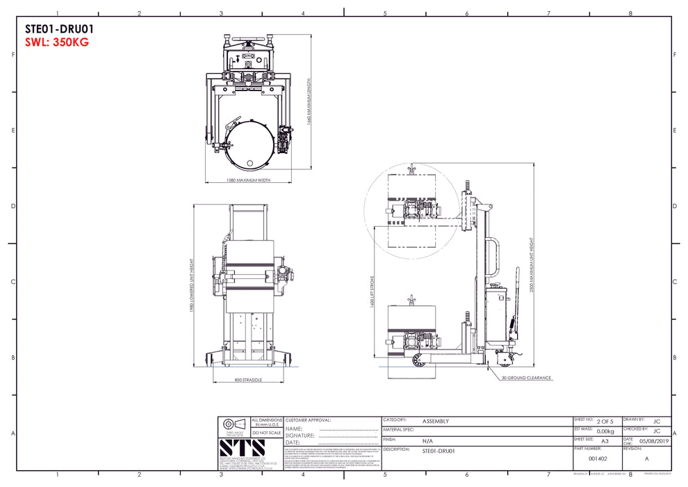 Dibujo técnico con planos del rotador universal de tambores eléctrico