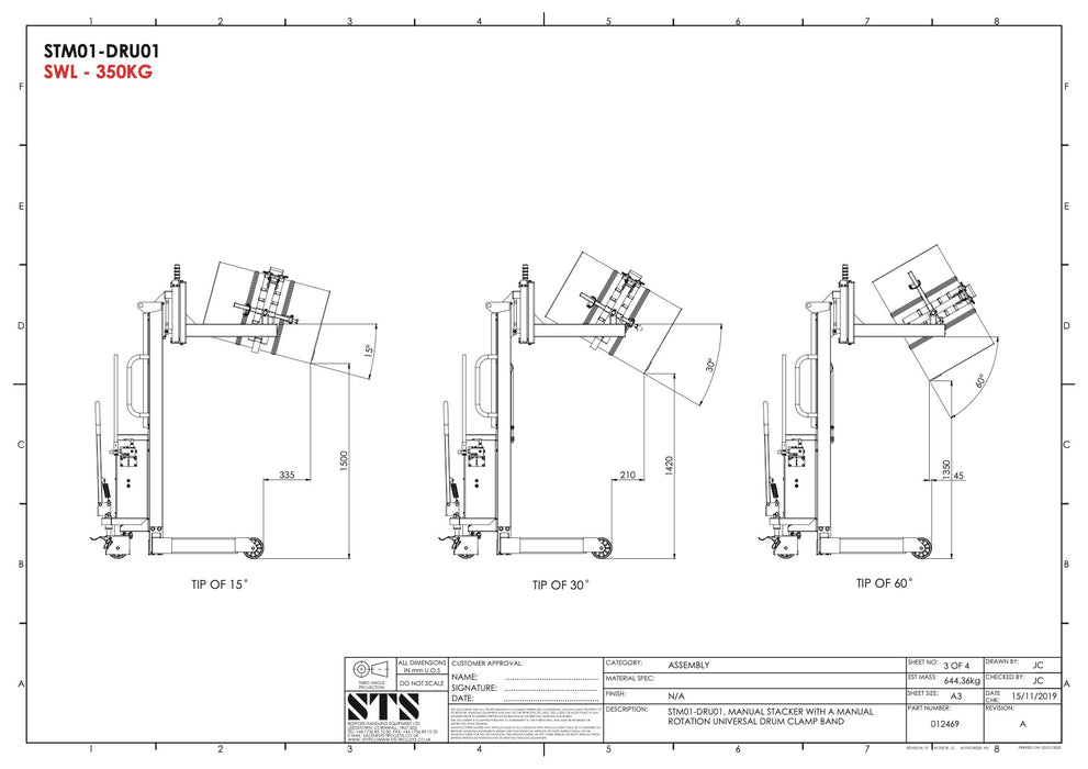 dibujo técnico de la rotación del equipo, rotador universal de tambores (manual)
