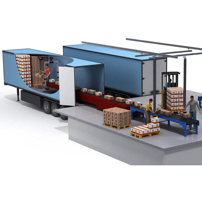 Diagrama del proceso completo desde que se descarga el camión, se ubican en la banda transportadora y se despachan en el montacargas. En esta cadena se utilizan un manipulador de cargas telescópico integrado para descargar las cajas y elevadores de vacío para transportar las cajas de la banda al montacargas. 